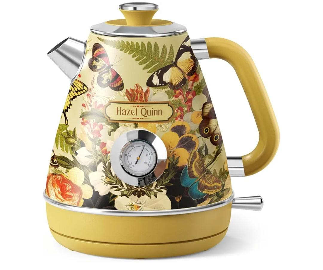 Hazel Quinn X Eduardo Recife Electric Kettle - 1200W Fast Water Boiling, 1.7L/57oz, All 304 Stainless Steel Interior, BPA-Free, Auto Shut-Off, Cordless Retro Teapot with Thermometer - Floral Patterned