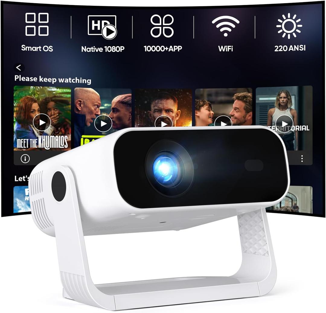 Smart Mini Projector with Wifi & Bluetooth, 220 ANSI 1080P HD, 360 Rotatable Stand, 10000+ Built-in Apps, Portable Home Movie Projector