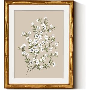 Framed White Flower Canvas Print Wall Art, Minimalist Botanical Beige Background Blossom Floral Artwork, 11x14 Gold Bamboo-Textured Frame Clear Acrylic Cover Farmhouse Bedroom Offices Decor