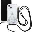 for iPhone 13 Strap Case with Crossbody Lanyard, Clear Glitter Shiny Bling Sparkle Shockproof Cover with Soft TPU Bumper, Adjustable Shoulder Neck String for Girls Women - Crystal Clear