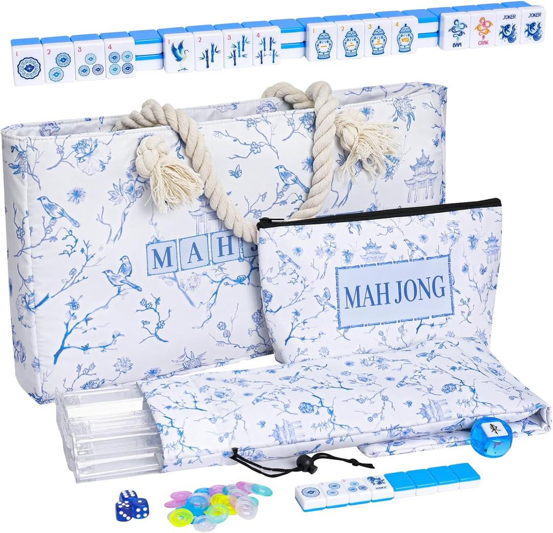 TIASUSAN American Mahjong Tile Set with160 Engraved Mahjong Tiles(1.2", Light Blue), Mahjong Bag, Racks and Accessories.
