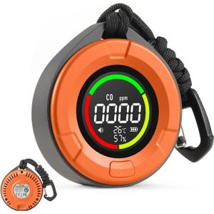 3-in-1 Portable Carbon Monoxide Detector for Travel, Portable Travel CO Detector Rechargeable CO Alarm with Temperature & Humidity Display, Travel Carbon Monoxide Detectors for RV, Camping (Orange)