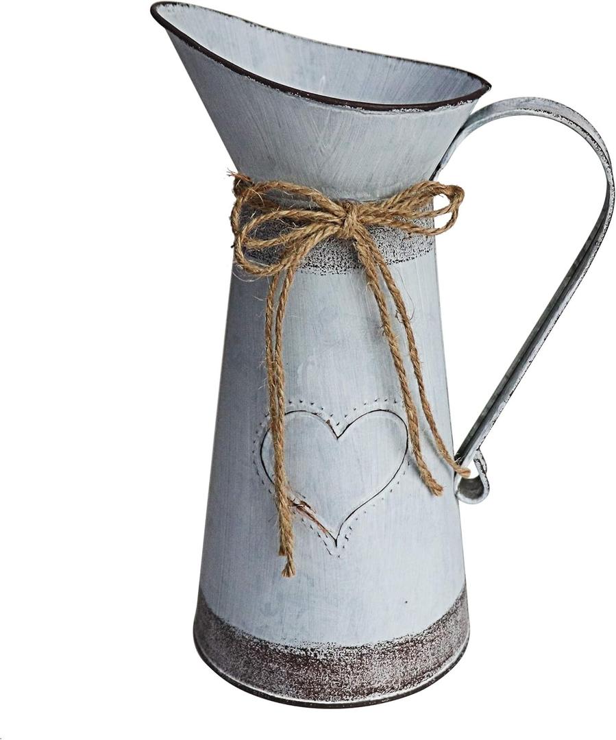 MISIXILE Rustic Metal Farmhouse Pitcher, Primitive Flower Vase Shabby Chic Vase for Home Decor -10.6"(Misty Grey)
