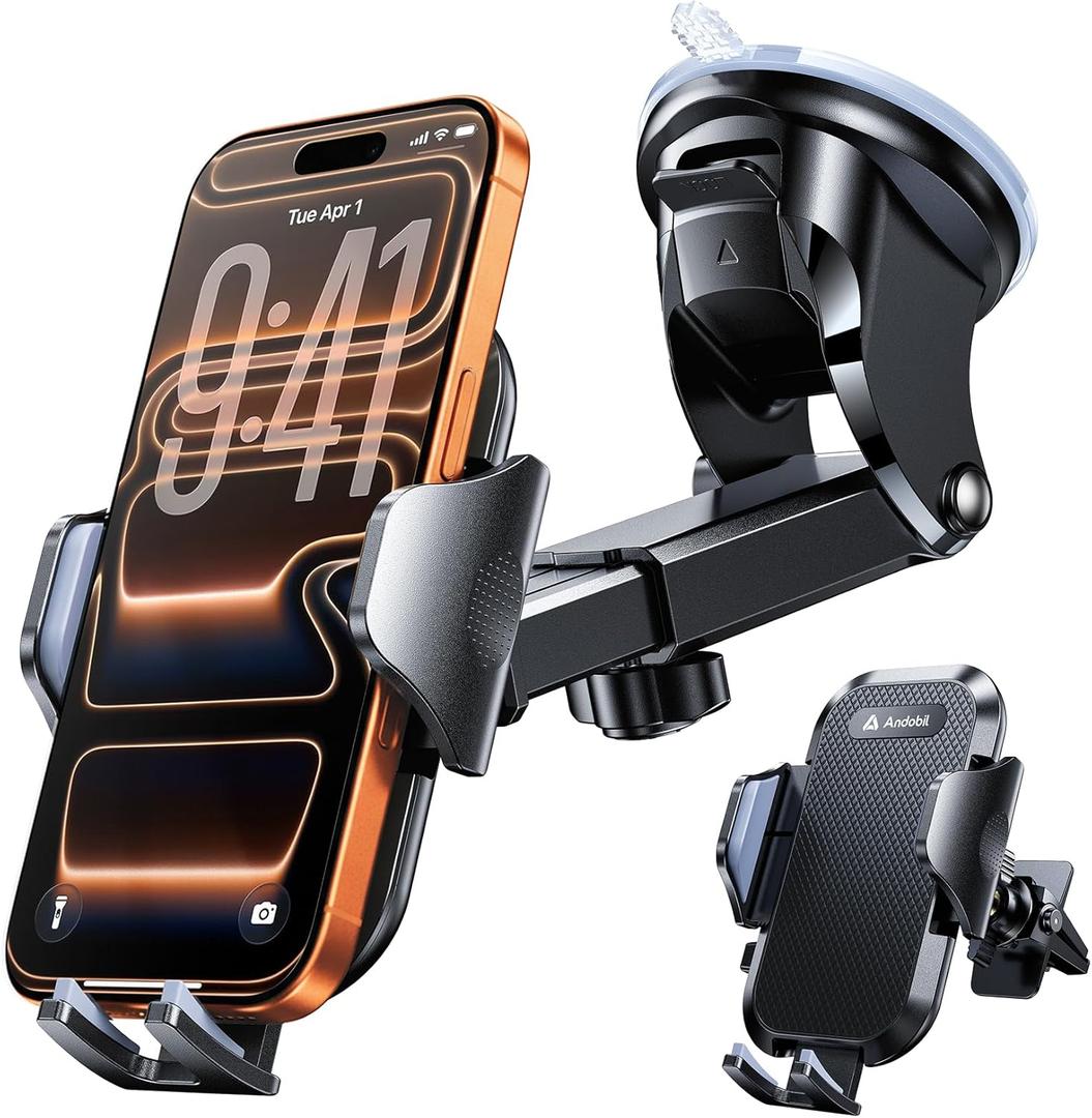 andobil [2025 True Military-Grade Car Phone Holder [Upgraded Strongest Suction & Clip] Cell Phone Car Mount Dashboard Windshield Vent,Truck Cradle Stand for iPhone 17 Pro Max 16 15 14 13 12 Android (Black)