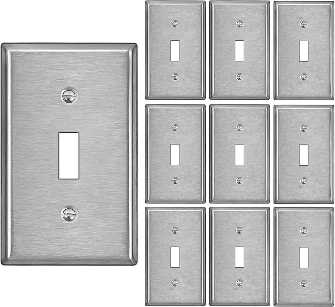 BESTTEN Toggle Switch Metal Wall Plate, 1 Gang Stainless Steel Light Switch Cover, Standard Size, Durable Corrosion Resistant, Industrial Grade, Brushed Finish, 10 Pack, Silver