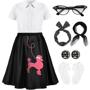 1950s Kids Poodle Skirt 50s Sock Hop Costume with Shirt Scarf Headband Earrings Glasses Socks (Black)