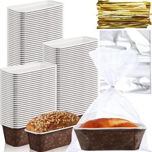 Maxcheck 100 Pcs Paper Loaf Pans 6.3 x 2.2 x 2.2 Inch Disposable Loaf Pan Liners with Clear Plastic Bags and Ties Paper Rectangle Baking Mold for Bread Cake Bakery (Coffee)
