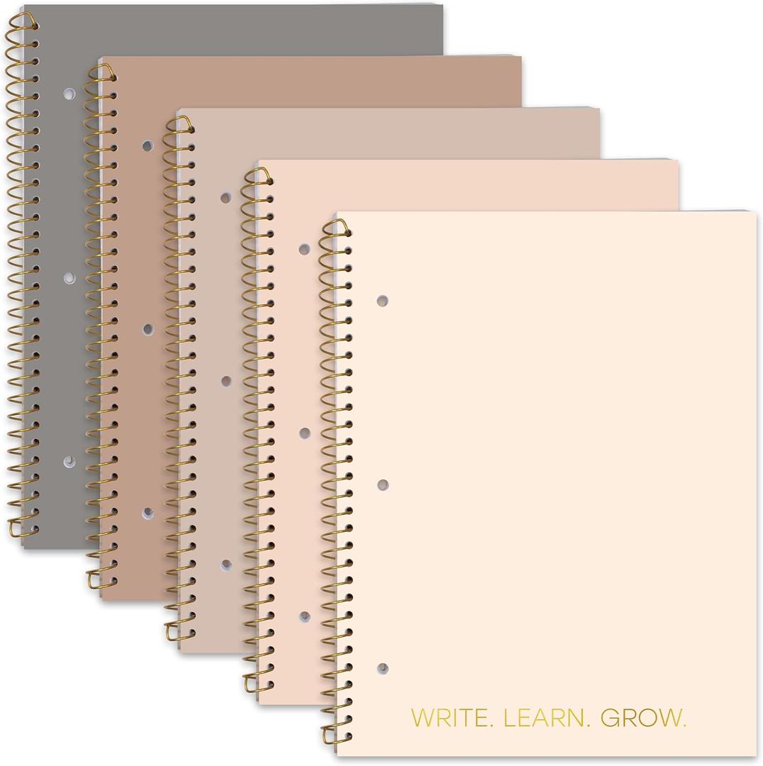 Decorably 5-Pack 140 Pages Gold Foiled Spiral Note Books College Ruled, 8x10.5in Spring Bound, 3-Hole Punched and Easy Tear-Off Perforated Design, Lined Pages - Work, School, Office