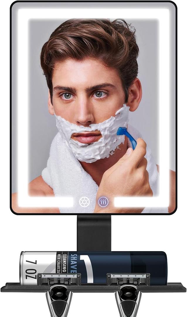 Heated Shower Mirror Fogless for Shaving, Anti Fog Shower Mirror with Light, 5000mAh Rechargeable Large 12.58" Fog Free Mirror for Shaving with Razor Holder for Men & Woman, Removable, NO-Drilling