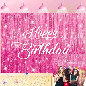 Pink Flash Happy Birthday Backdrop Pink Metallic Tinsel Foil Fringe Curtain Flash Photo Photography Background Birthday Wedding Engagement Baby Shower Holiday Party Decoration 7x5FT