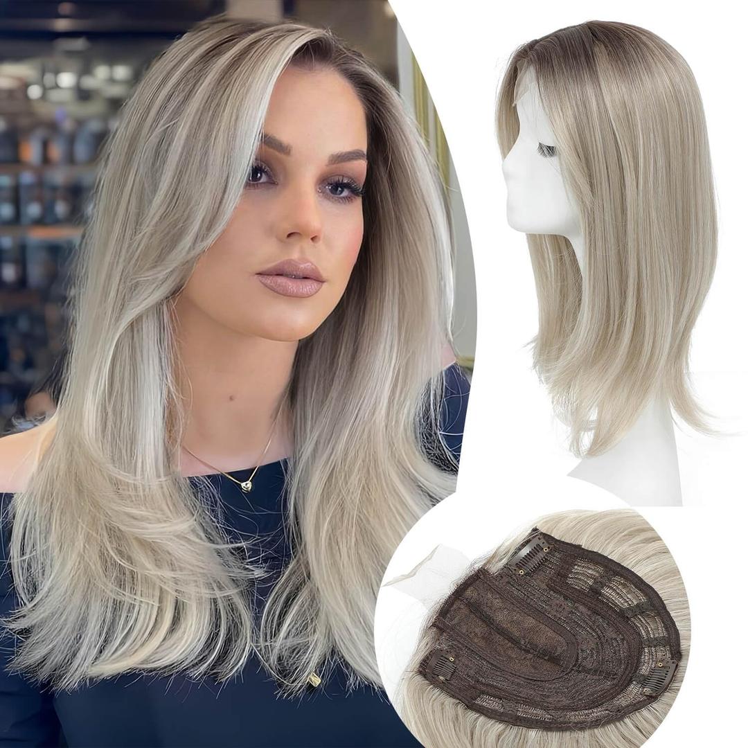 Ms Taj Hair Topper 18 Inch for Women with Thinning Hair - Long Layered 6.5"X6.5" Synthetic Hair Piece - Fiber Wiglet for Ladies (Silver White with Dark Root)