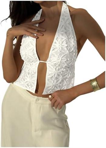 Verdusa Y2K Sexy Halter Top Floral Open Tie Back Going Out Crop Tops M