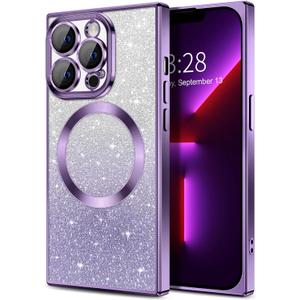 Hython for iPhone 13 Pro Max Case Clear Magnetic Glitter Phone Cases [Compatible with MagSafe] Full Camera Lens Protector Gradient Sparkle Luxury Plating Shockproof Protective Cover, Straight/Purple