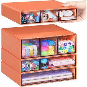 Desk Storage Organizer with 9 Drawers, 4 Tiers Stackable Desktop Craft Storage Drawers, Clear Storage Box Caddy for Stationary Makeup Jewelry Office Craft Supplies (Orange)