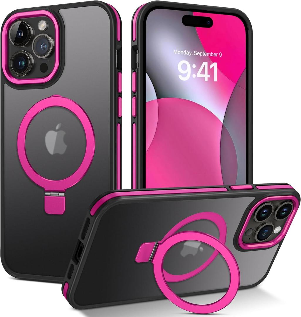 DUEDUE for iPhone 14 Pro Max Case Magnetic with Stand[Compatible with Magsafe], Translucent Matte Back Cover Shockproof Kickstand Phone Case for iPhone 14 Pro Max 6.7", Hot Pink/Black