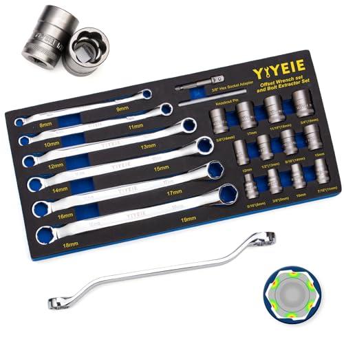 YIYEIE 20Pcs Combo Bolt Extractor Kit, 6-Point Offset Extractor Wrench Set, 6Pcs Metric 8-19mm, 14Pcs Eazy Out Bolt Extractor Set, Impact Socket Remover for Stripped, Broken, Rounded Bolts & Nuts