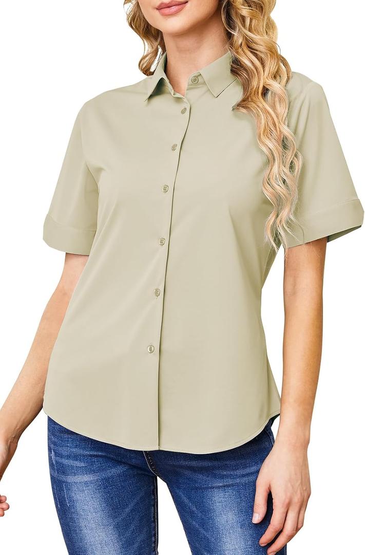 Wrinkle Free Button Down Shirts for Women Charm Slim-Fit Short Sleeve Formal Solid Dress Shirt Blouses Tops (Beige, M)