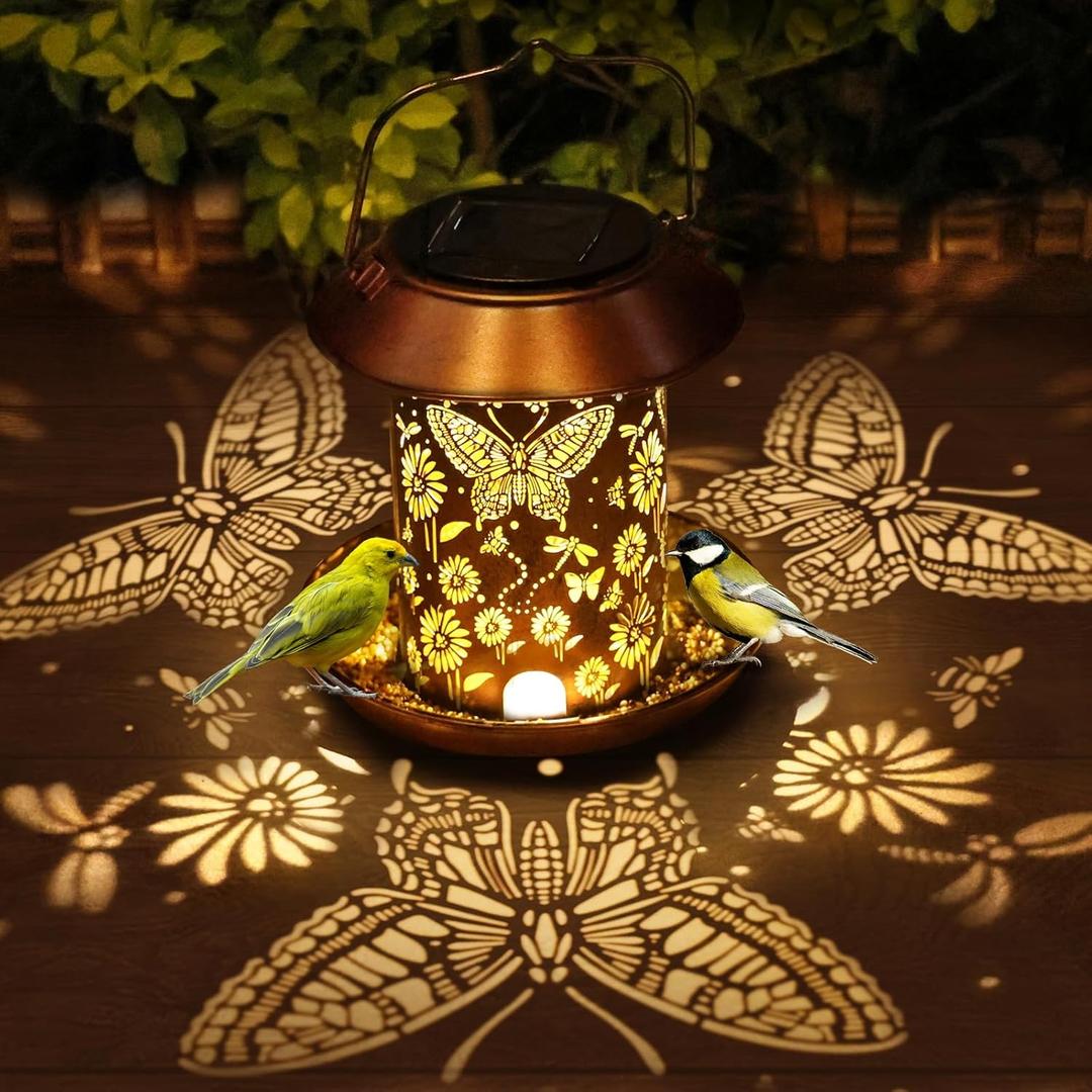 Solar Bird Feeders for Outdoors Metal Butterfly Lantern Hanging on a Tree Metal Wild Bird Feeder Decoration for Patio,Yard,Lawn,Pathway,Summer Garden Decor Gifts for Bird Lovers Mom Friends