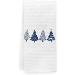 KEUSPI Farmhouse Vintage Navy Blue Christmas Tree Waffle Kitchen Towel Dish Towel Cloth,Winter Xmas Holiday Drying Cloth Tea Hand Towels for Kitchen Drying Washing (Christmas Trees Navy Blue)