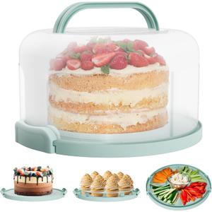 Cake Carrier with lid and Handle - Multipurpose Cake Stand with Lid for 10 Cake, Pie, Cupcakes - Cake Holder & Lid, Plastic Cake Container, Round Cake Cover for Transport & Storage (Seafoam Green)