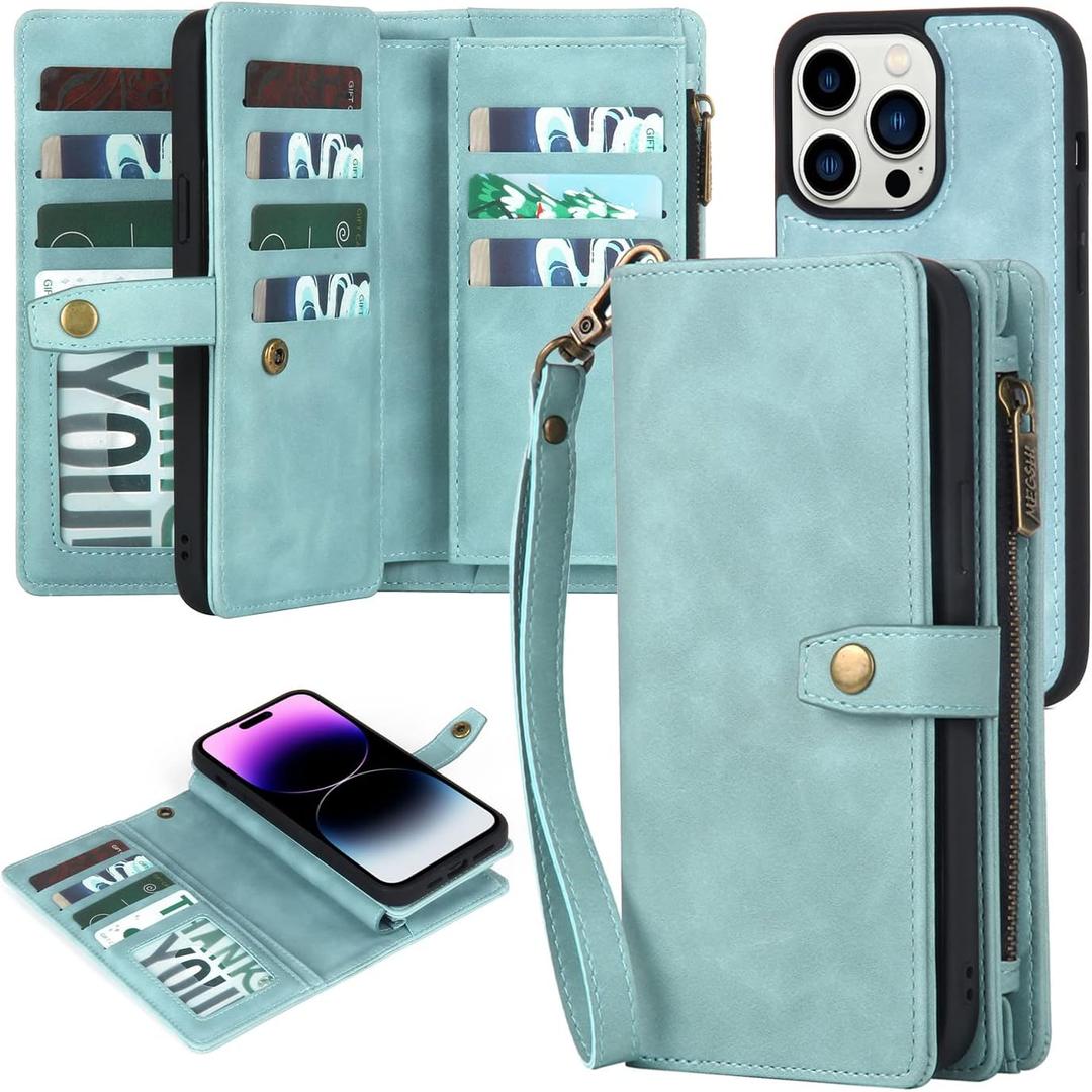 TwoHead Designed for iPhone 14 Pro Wallet Case with Card Holder Detachable Magnetic Phone Case PU Leather Wallet Phone Case Case Wallet for Women/Men with Wrist Strap(Blue)
