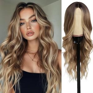 Long Blonde Wig for Women Middle Part Ombre Blonde Wavy Wigs Natural Looking Synthetic Heat Resistant Fiber Wigs for Daily Party Use (26 Inch)