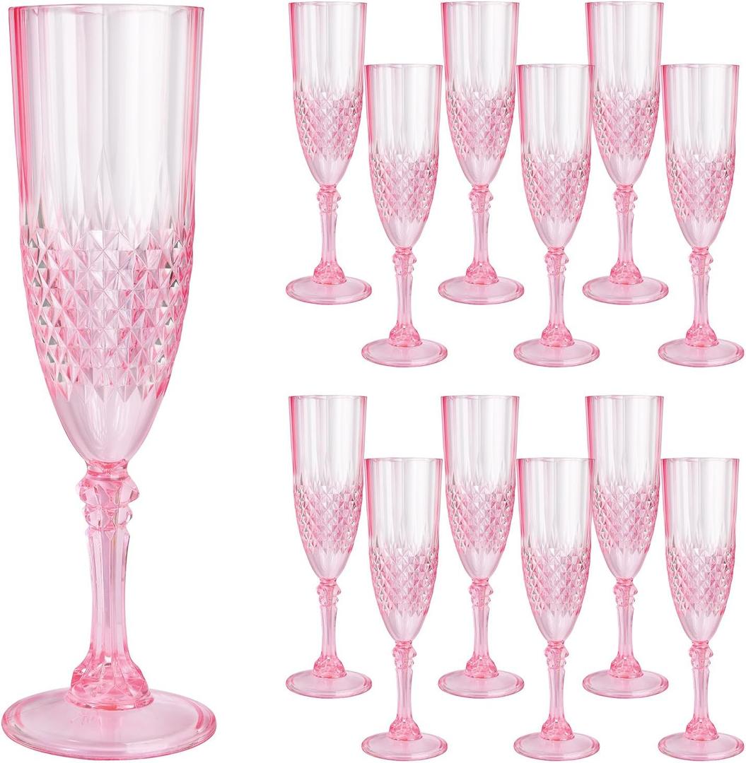 12 Pcs Pink Plastic Champagne Flutes,Pink Champagne Glasses Bulk, Made of Durable Plastic Material Can be Used for Weddings, Everyday Fun Parties and More!