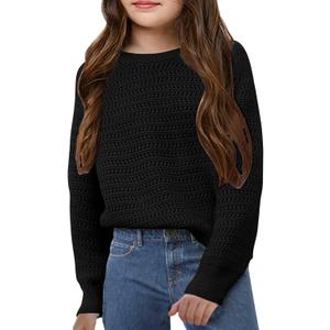Girls Knit Sweaters Kids Fashion Chunky Crewneck Pullover Jumper Tops 5-14 Years, 130 (Black)
