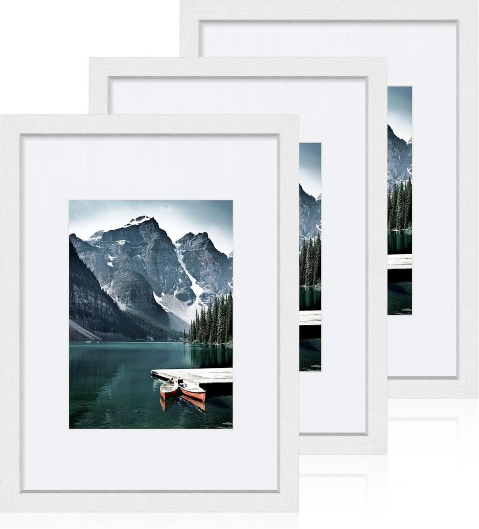 9x12 White Picture Frames set of 3, Made of Wooden and Glass Photo frame - Displays Picture 6x8 with Mat or 9 x 12 without Mat, Desktop & Wall Collage Frame Set
