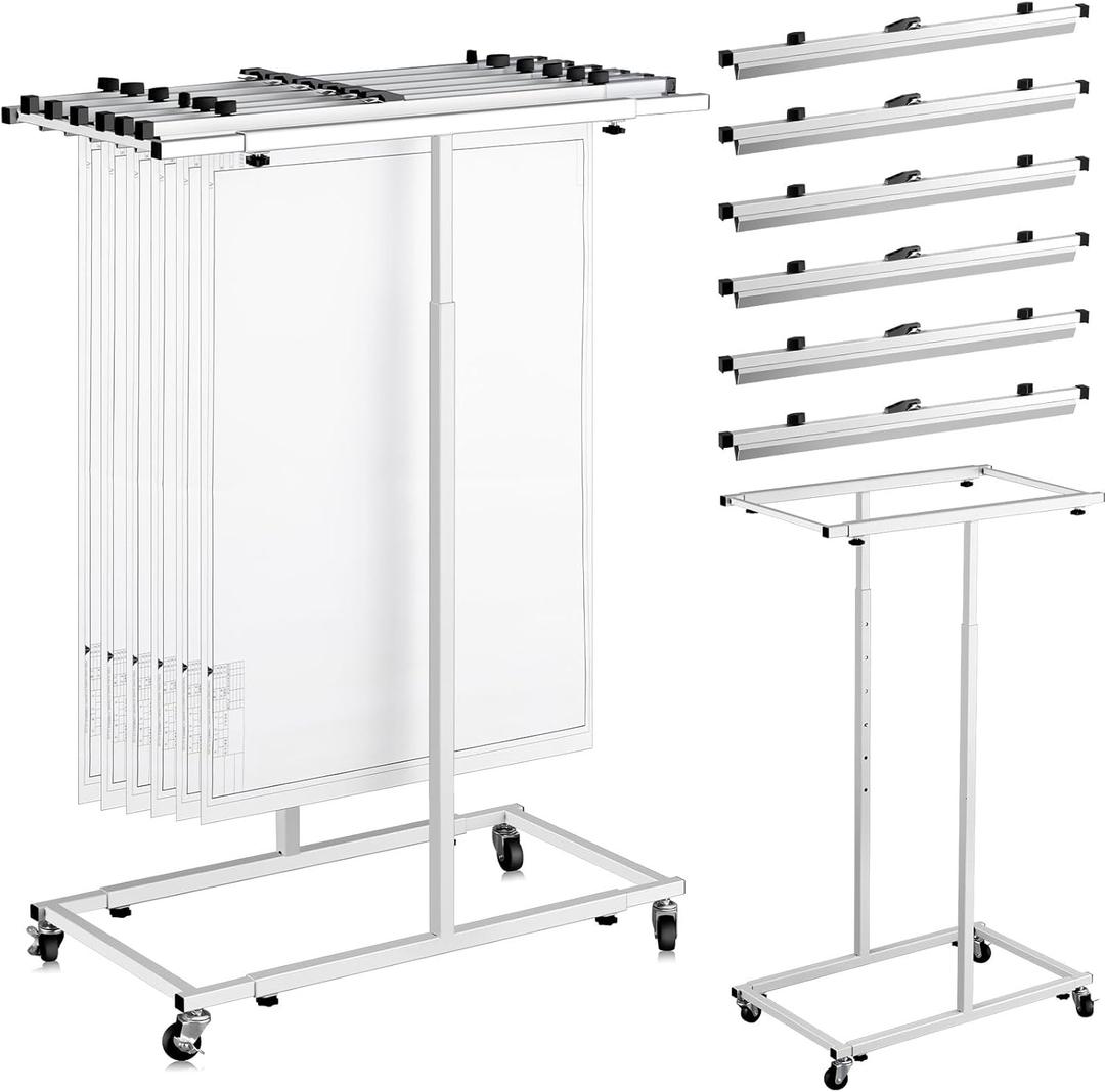 Mobile Blueprint Storage Rack Adjustable Holder with 6 Pcs Blueprint Clamps 4 Wheels Storage Organizer Stand for File Display Plan Office Home(24 Inch)