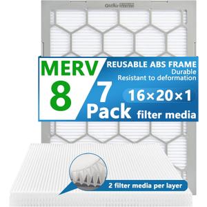 16x20x1 MERV 8 Air Filter,AC Furnace Air Filter,Reusable ABS Plastic Frame, 7 Pack Replaceable Filter Media (Actual Size: 15 3/4" x 19 3/4" x 3/4")