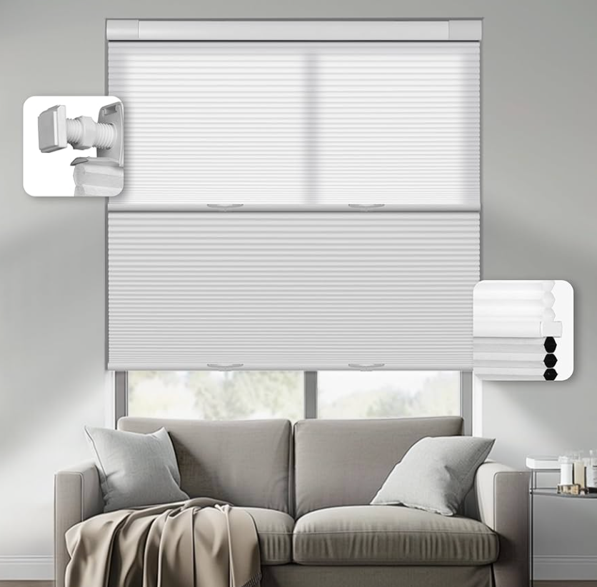 HOTSOON No Drill No Tools Blackout Cellular Shades Cordless Easy Install Honeycomb Blinds Thermal Insulated Noise Reduction Blinds for Indoor Windows,Light Filtering-White,30.5" W x 64" H