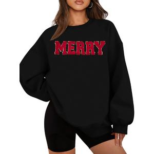 FASHGL Christmas Sequins Sweatshirts Women Merry Glitter Patch Crewneck Sweater Xmas Long Sleeve Pullover Top (Black, XL)