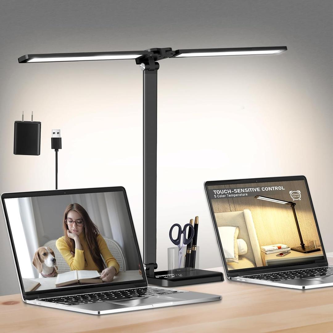 Dimmable LED Desk Lamp with USB Charging Port Bright, 50 Lighting Modes Dual Swing Arm Architect Table Lamp Light Desk Lamp for Home Office Dorm Piano Nail (Black-Upgraded)