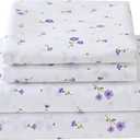 Softan Purple Floral Twin Size Sheet Set, 3 Pieces Microfiber Single Bed Sheets for Girls, Cozy Fitted Sheet with 15" Deep Pockets & Non-Slip Straps, Cute Purple Flower Sheets & Pillowcase Set