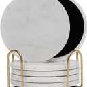 Carrara White Marble Coasters Set of 6 with Holder, Elegant Modern Round White Marble Drink Coasters for Coffee Table Decor, Semi Absorbent Stone Coaster for Drinks, Velvet Backed