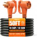 RV Extension Cord 50 FT 50 Amp NEMA 14-50P to 14-50R Heavy Duty Black
Flexible 4 Prong Heavy Duty RV Power Cord, Waterproof Cable with Grip Handle & Organizer, STW 125/250V 12500W, ETL Listed