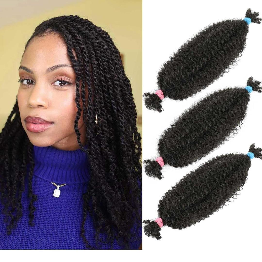 Afro Kinkys Bulk Human Hair 3 Packs 16 Inch Kinky Curly Human Braiding Hair Bulk for Twist Dreadlocks Extensions Marley Twist Braiding Hair(1B, 16 Inch 3 PACKS)