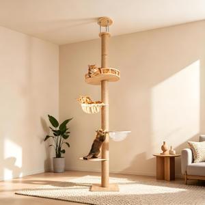 4-Level Floor-to-Ceiling Cat Tree Height Adjustable (55-115in) | Space-Saving Tall Cat Tower with Scratching Posts, Jump Platforms, Hammock | Heavy Duty Cat Activity Center for Indoor Cats