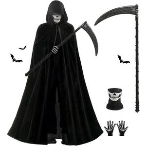 Grim Reaper Costume, Scary Halloween Costumes for Adults Unisex, With Scythe, Glow Gloves, Skull Mask, Suitable for Halloween Party, Dead Vampire Cosplay Ball, Horror Atmosphere Decoration, One Size