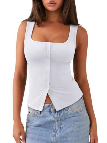 REORIA Women's Sexy Ribbed Button Down Square Neck Tank Tops Trendy Y2K 2026 Summer Sleeveless Going Out Vest Crop Tops (White Large)