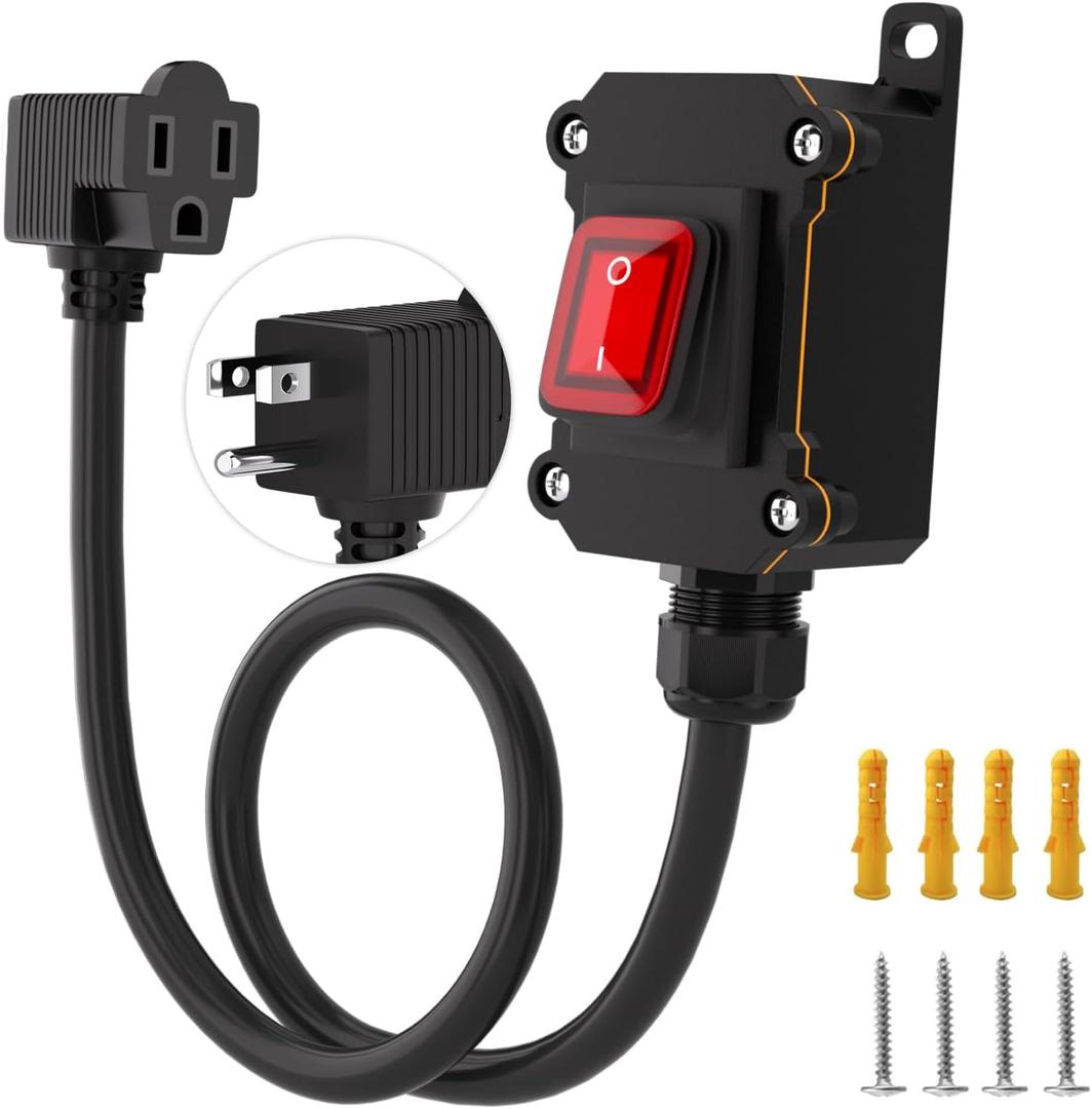 Inline Power Switch with 1.5-ft 14AWG Cable Piggyback Plug(3-Pronged),Red LED Rocker Button,IP67 Waterproof Extension Cord with On/Off Switch, AC/DC 20A-125V / 16A-250V1.5FT/14AWG