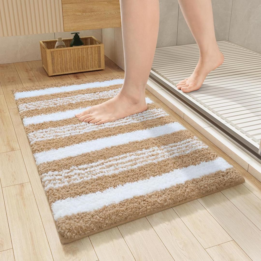 LOCHAS Bathroom Rugs, 24" x17" Bath Rug Non Slip Absorbent, Washable Microfiber Bathroom Mat Luxury Fluffy Soft, Shaggy Bath Mats for Shower Quick Dry, Beige