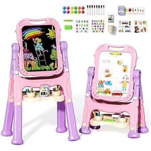 Art Easel for Kids Toddlers, Kids Art Easel Adjustable Standing Rotatable Double Sided with Painting Accessories Gifts Toys for 3 4 5 6 7 8 Years Old Toddlers Boys Girls, Pink