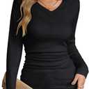 CiCiBird Women's V Neck Long Sleeve Blouse Lace Patchwork Slim Fit T Shirt Casual Fall Clothes (Green, L)