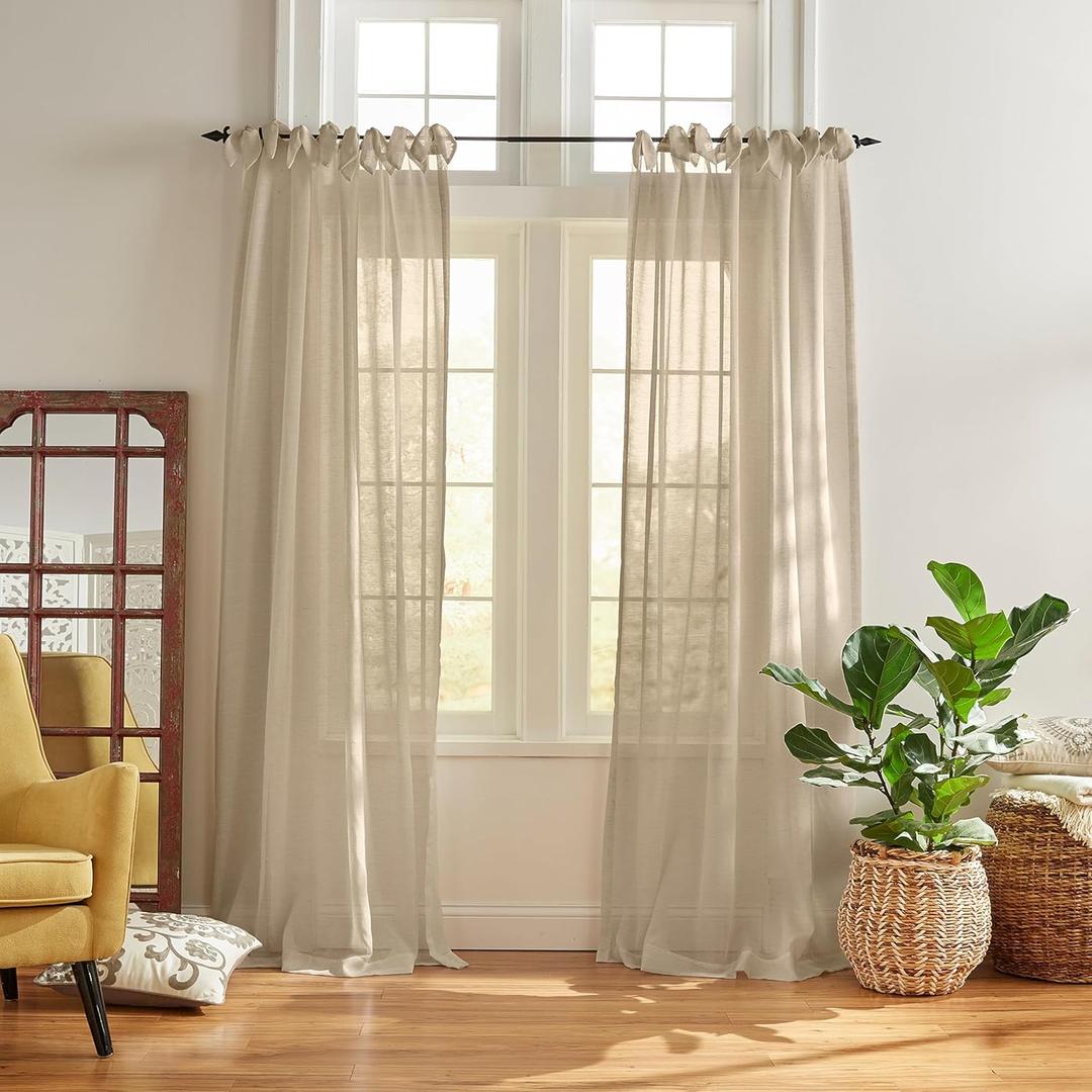 Elrene Home Fashions Vienna Sheer Tie-Top Window-Curtain Panel, 52 in x 95 in (1 Panel), Flax