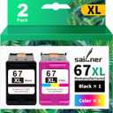 SAILNER 67XL Ink Cartridge Black/Color Combo Pack Replacement for HP Ink 67 hp67xl 67XXL for HP DeskJet 2755e 2700 2855e 2800 2752 2742e 4155e 4255e 4100 Envy 6055 6055e 6455e Printer 67 Ink (2 Pack)