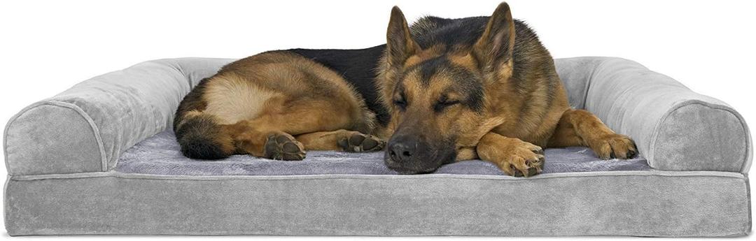 Furhaven Orthopedic Dog Bed for Large Dogs w/ Removable Bolsters & Washable Cover, For Dogs Up to 95 lbs - Faux Fur & Velvet Sofa - Smoke Gray, Jumbo/XL