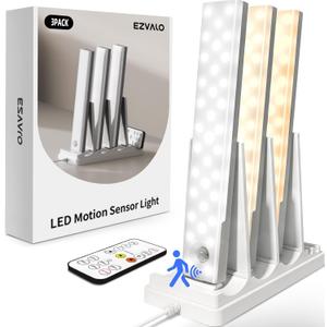 EZVALO 3-Pack Under Cabinet Lighting with Charging Station, 2000mAh Rechargeable Wireless Motion Sensor Lights, 3 Color Temps, Dimmable, Timer, Magnetic, with Remote Control for Kitchen, Closet