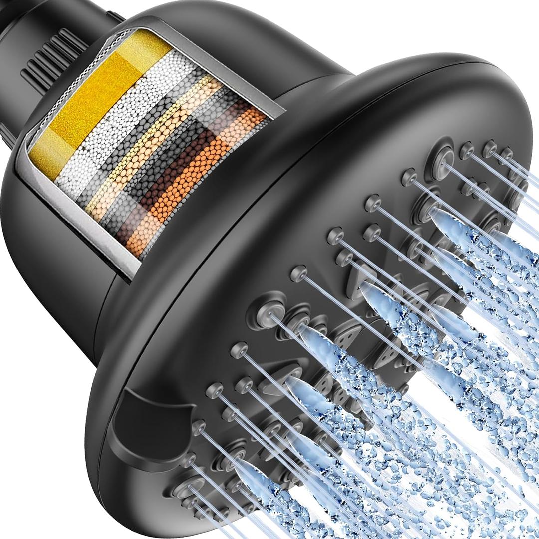 Cobbe Filtered Shower Head, 7 Modes High Pressure Shower Heads - 16 Stage Shower Head Filter for Hard Water for Remove Chlorine and Harmful Substances (Midnight Black Matte, 5 Inch Round)